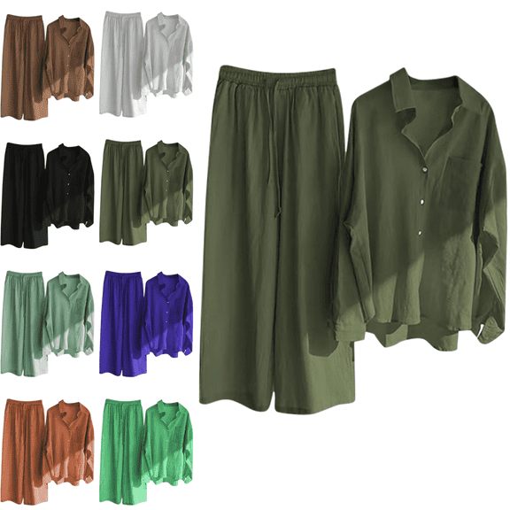 Women Linen Sets 2 Piece Outfits Lapel Long Sleeve Button Down Soild Color Tops Drawstring Elastic Waist Wide Legs Pants 2025 Fall Winter Lounge Homewear Suits