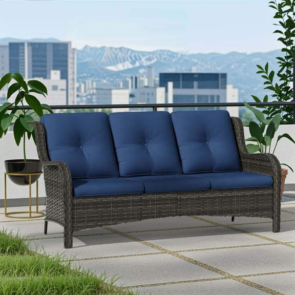 Meetleisure 1 piece 72.83'' Wide 3-Seat Outdoor Wicker Patio Sofa with Cushions,Blue