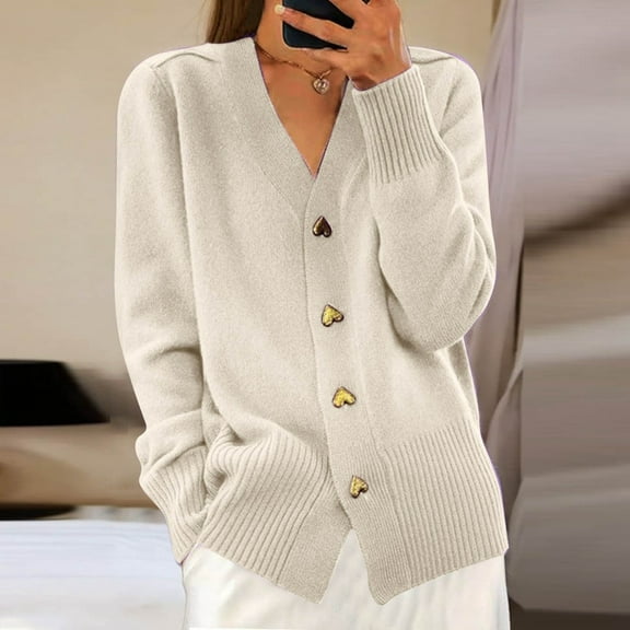 Cardigan Sweater for Women Long Sleeve V Neck Knitted Button Up Sweaters for Women Open Front Beige Sweaters Womens Fall Clothes