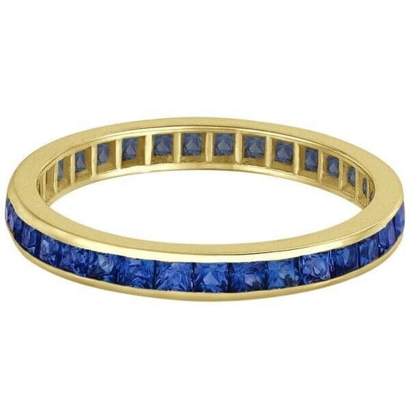 Channel Set Princess-Cut Blue Sapphire Eternity Wedding Band Ring 925 Sterling Silver Yellow Gold Plated Gemstone Jewelry For Women Gift