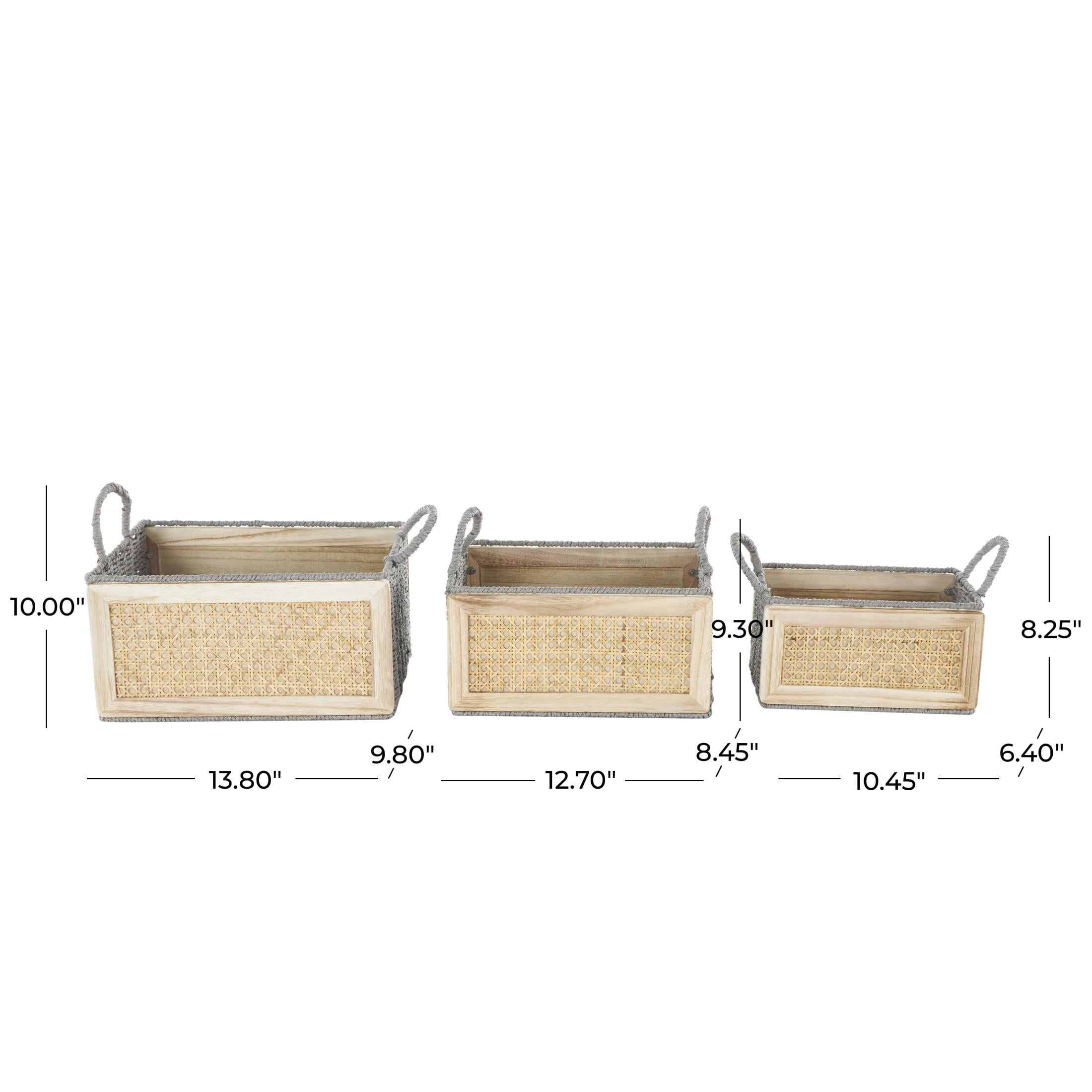 DecMode 14, 13, 10"W Brown Rattan Woven Storage Basket with Rope Handles, 3-Pieces