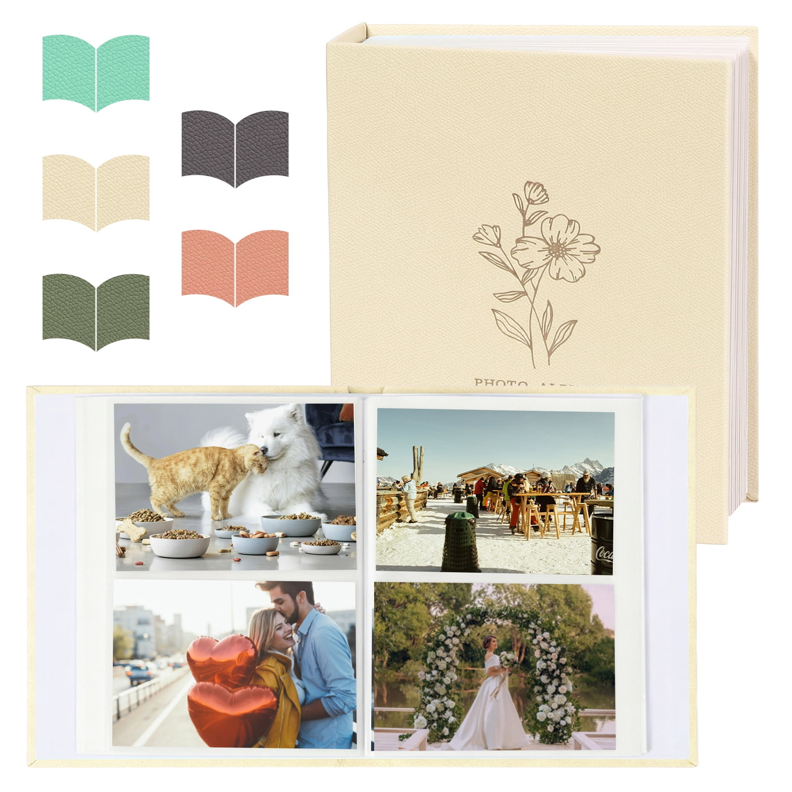 RECUTMS 4x6 Photo Album, PU Leather Picture Book Holds 200 Photos, Elegant Floral Family Keepsake, Baby Memory & Wedding Photo Holder (Beige)