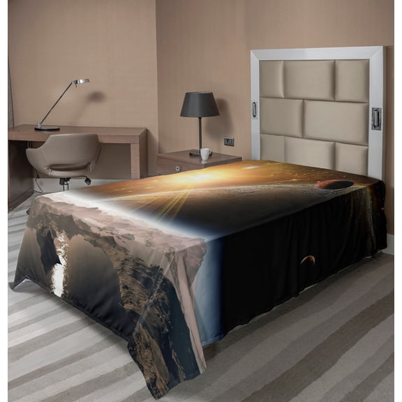 Ambesonne Galaxy Flat Sheet, Moons Universe Earth, Twin Size, Yellow White Brown