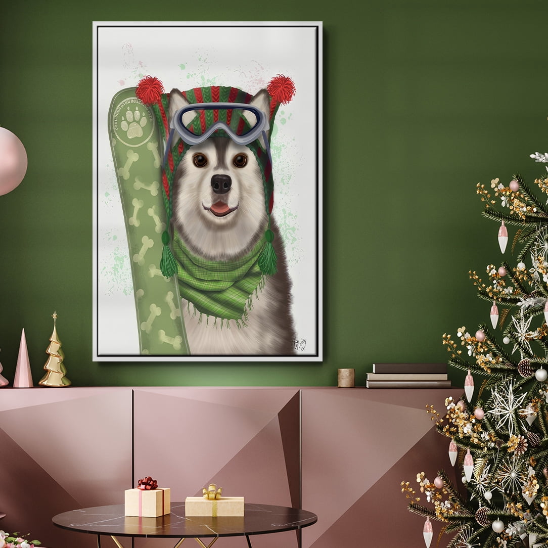 Christmas Husky Snowboard - Framed Gallery Wrapped Holiday Canvas - 27 x 41 - White Frame