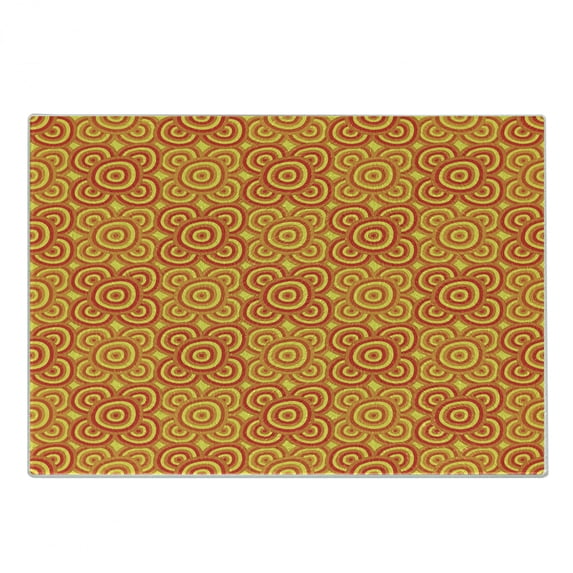 Ethnic Cutting Board, Traditional Motifs Abstract Blooming Flowers in Warm Colors, Decorative Tempered Glass Cutting and Serving Board, in 3 Sizes, by Ambesonne