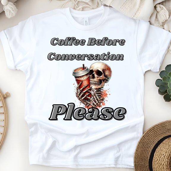 Coffee Before Conversation Please Skeleton Graphic T-Shirt for Adults, White, Size S