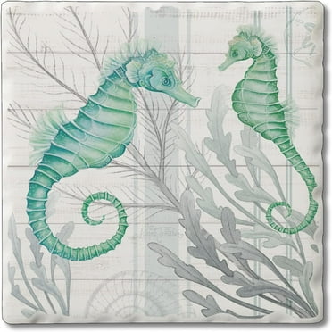 Absorbent Stone Tumbled Tile Coasters, Beach Therapy Seahorses, Set of 4