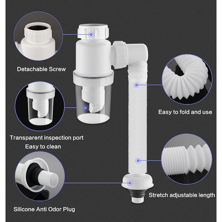 Flexible Kitchen Sink Drain Kit – Anti-Odor Single Slot Drain Plug With Hair Catcher, 80cm Extended Pipe, Grey ABS Material