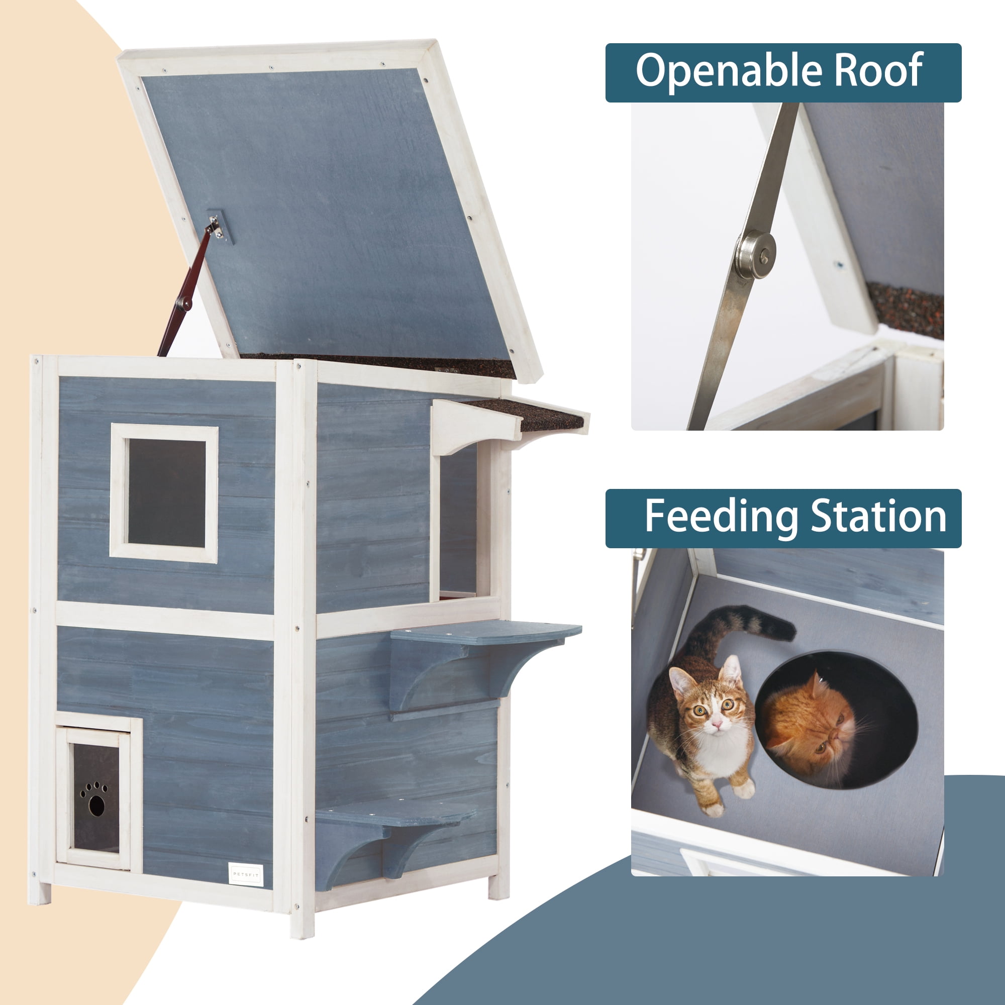 Petsfit 2-Story Weatherproof Outdoor Kitty Cat House/Condo/Shelter with Escape Door Gray