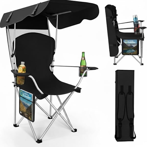 Portable Camping Chair with Canopy - Folding Chair with Canopy, Durable 600D Oxford Canopy Chair for Camping, Beach, Picnics, Fishing & Sports