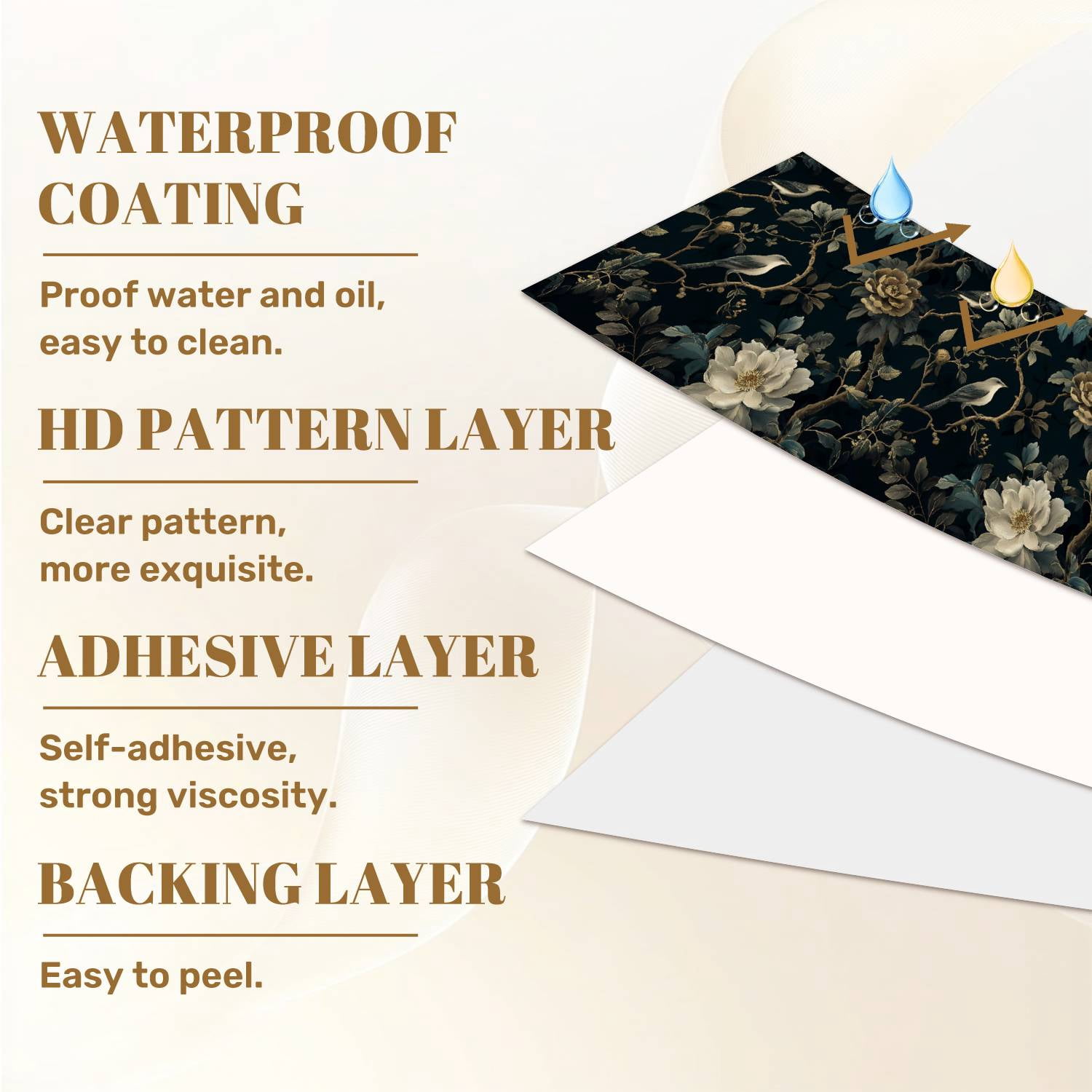 Boho Peel and Stick Wallpaper Elegant Birds Vintage Floral Dark Botanical Wall Mural 23.6in x 9.8ft Self Adhesive Removable Wall Paper Renter Friendly Wallpaper for Nursery Bedroom Cabinets