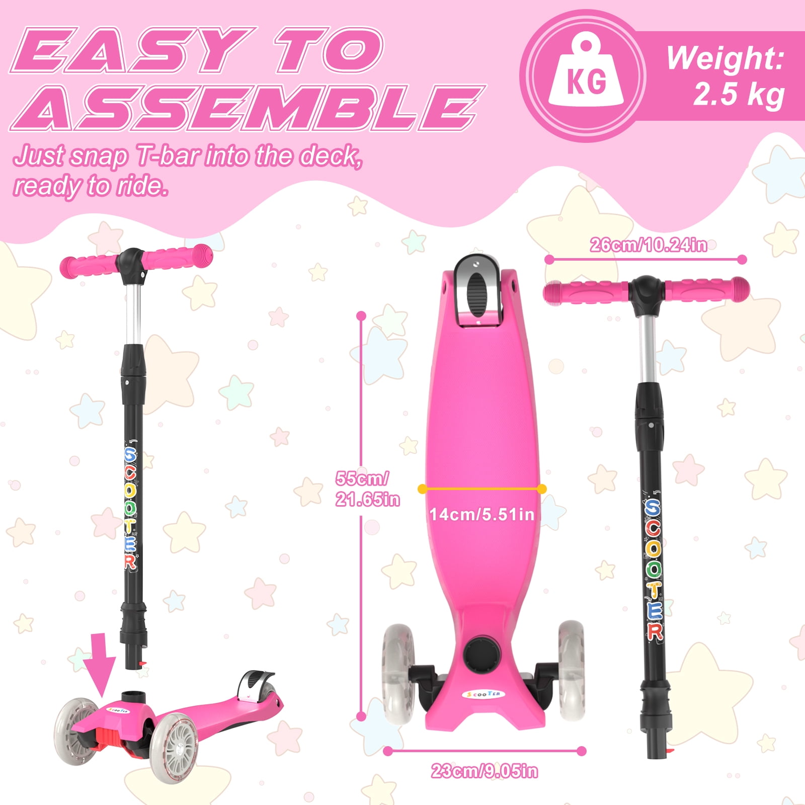 XJD 3 Wheel Kick Scooter for Kids,Foldable 3 Wheels Toddlers Scooter with LED Light & Adjustable Height, Best Gift for Boys Girls Outdoor Activities, Peach