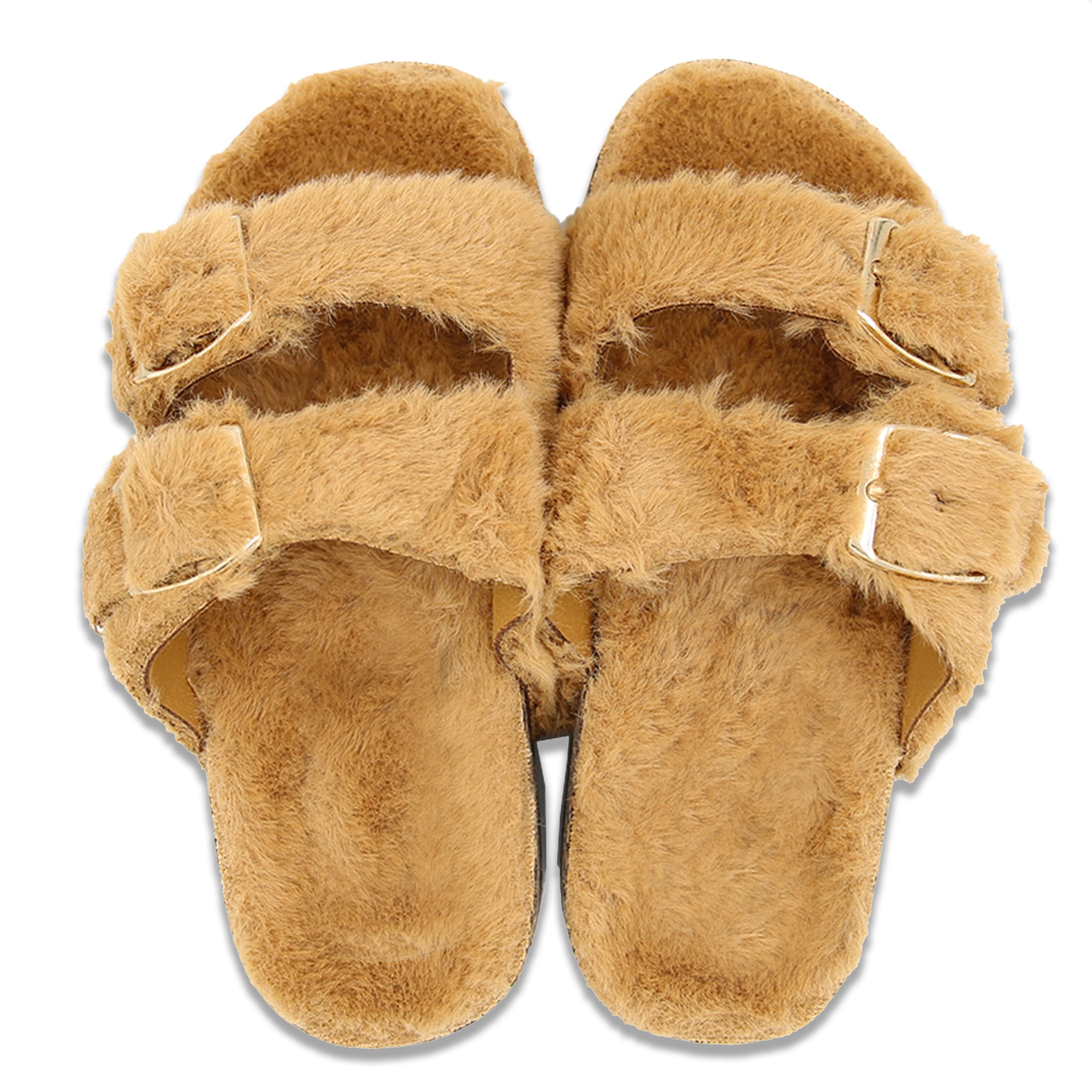 LAVRA Girls Double Strap Sandals Kids Fuzzy Fur Slides Flatform