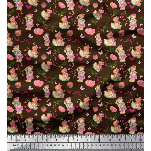 Soimoi Brown Cotton Duck Fabric Balloon & Teddy Bear Kids Print Fabric by the Yard 42 Inch Wide