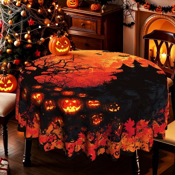 Spooky Jack-O'-Lantern Haunted Castle 2D Print Round Tablecloth, Table Cover for Kitchen Dining Patio Halloween Party Decor, Fall Spooky Home Decor