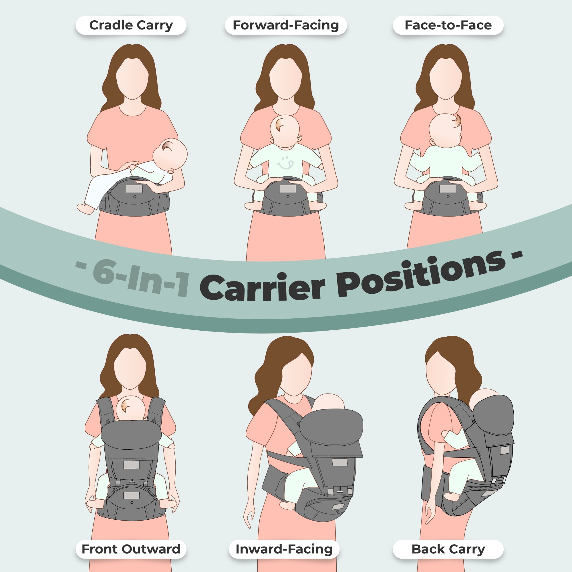 Scafild | 6-in-1 Baby Carrier with Waist Stool Hip Seat&Head Support for Breastfeeding Newborn Infant Toddler - Light Gray