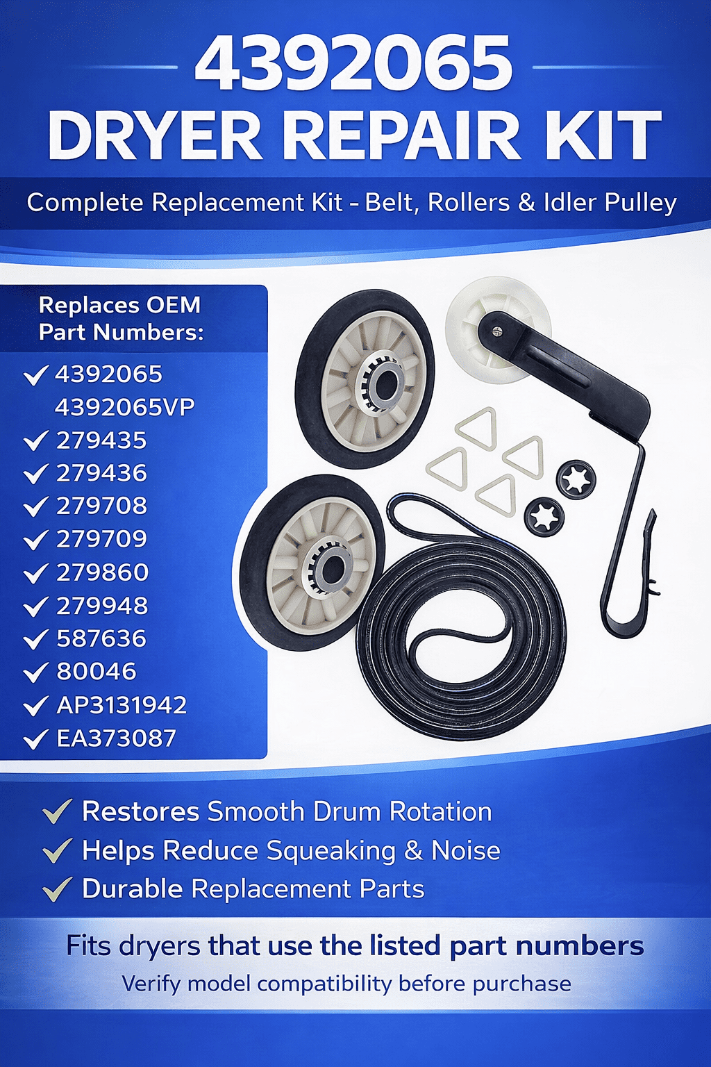 NESTCO NED4655EW1 Dryer Repair Kit Compatible with Amana, Kenmore 80 & Whirlpool Models – Belt, Idler Pulley & Drum Rollers Replacement 4392065