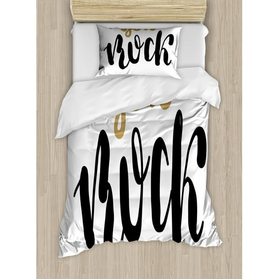You Rock Duvet Cover Set Twin Size, Cursive Typography Lettering Inspirational Motto in Simplistic Design Print, Decorative 2 Piece Bedding Set with 1 Pillow Sham, Black and Camel, by Ambesonne