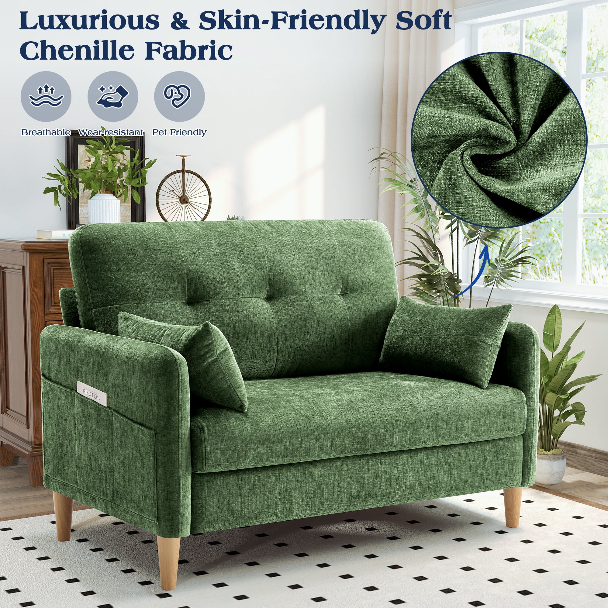BedLuxury 47’’ Wide LoveSeat,2-seat Chenille sofa with 2 Pillows for Living Room and Small Spaces,Green