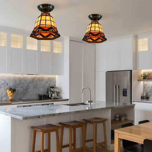 TFCFL Tiffany Style Ceiling Light Fixture,Stained Glass Shade Flush Mount Lamp For Bedroom Living Room Decoration