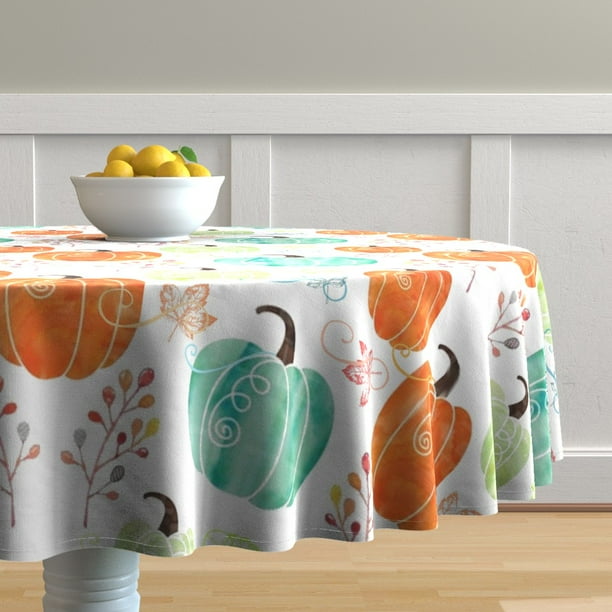 Round Tablecloth Pumpkins Blue Orange Green Fall Autumn Seasons Cotton Sateen Com Round Tablecloth Pumpkins Blue Orange, Fall Round Tablecloths