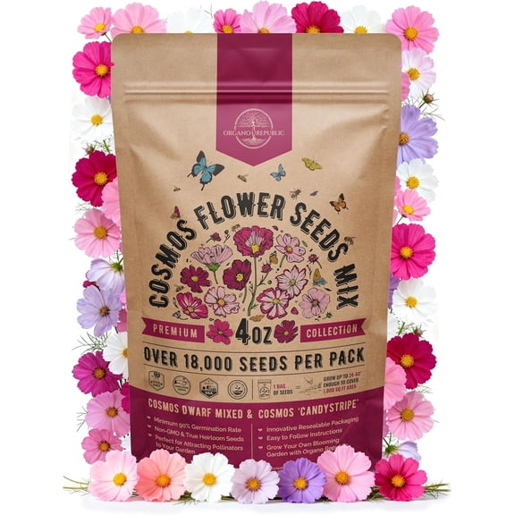 Organo Republic Cosmos Flower Seeds 4 oz, 18,000  Non-GMO Heirloom Annual Flower Seeds for Planting, Bulk Outdoor & Indoor Garden Seed Mix for Pollinators
