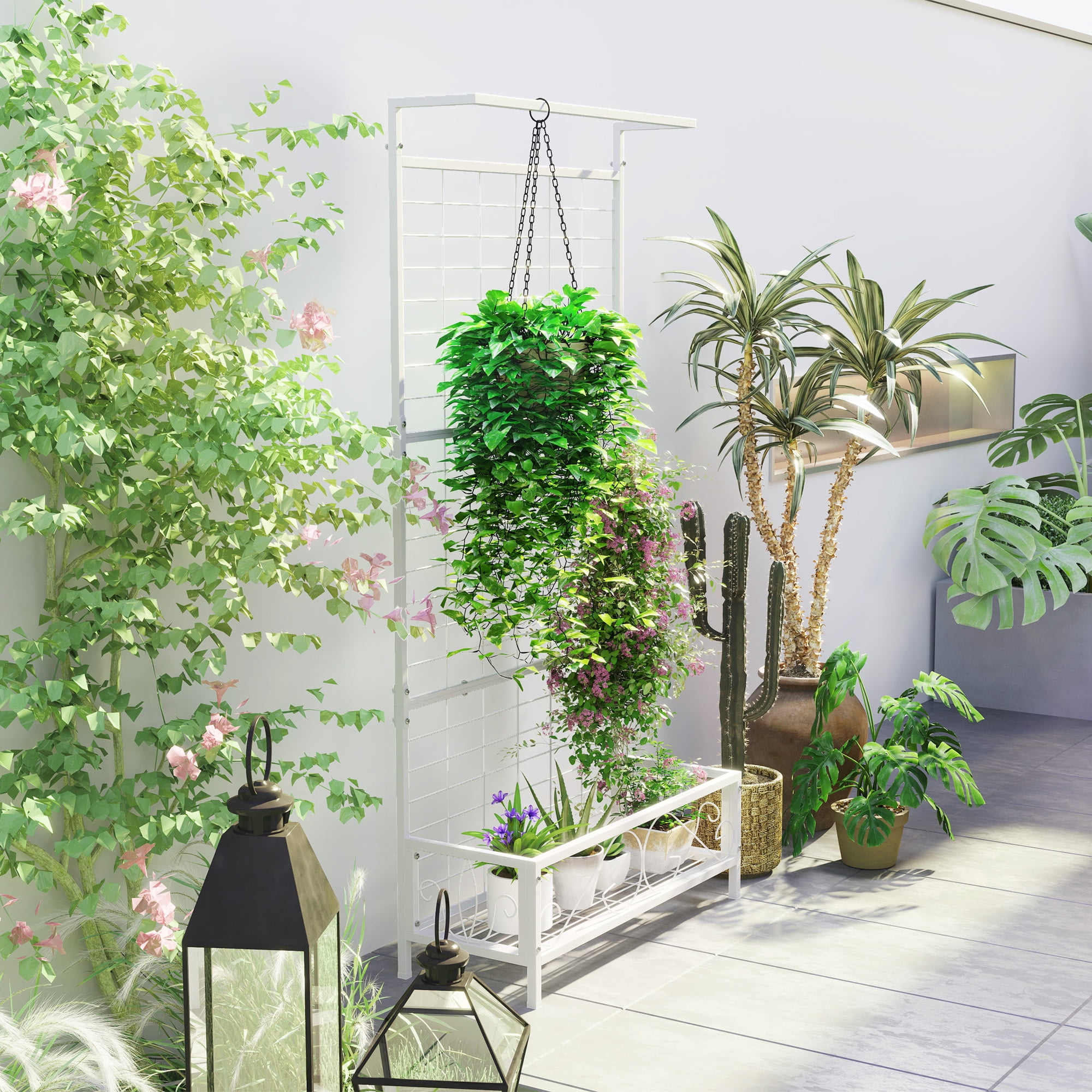 Outsunny Tall Metal Plant Stand with Trellis and Hanging Bar, Plant Holder  for Indoor Outdoor Use, 35" x 12.8" x 74", White - Walmart.com