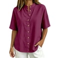 thumbnail image 4 of Zpanxa Womens Button Down Shirt Band Collar Short Sleeve Loose Fit Casual Solid Color Blouses for Summer, 4 of 9