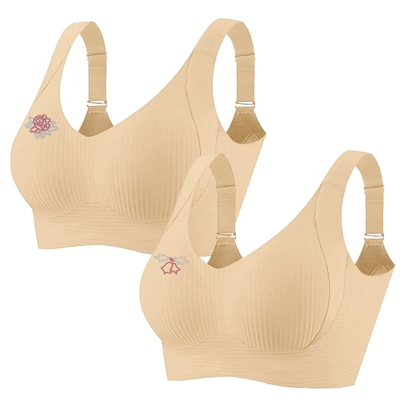2 PCS Women's Plus Size Wireless Bralette Floral Rhinestone Full Coverage Bras Support Push Up T-Shirt Bra, 90BCD