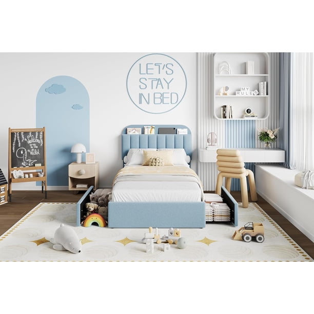 Estilizado para & durable blue tamaño individual marco de cama - bouclé forrado platform con almacenamiento cabecero, 2 cajones, built - in estante de libros, no box spring & fácil montaje