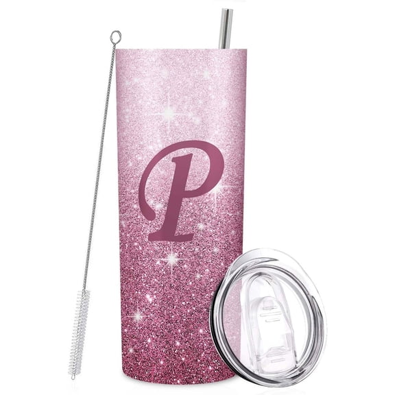 Initial P Tumbler Cup Gifts, Monogrammed Gifts for Women, Personalized Tumblers with Lids and Straws for Women 20oz, Personalized Gifts for Girls Women Mom Teacher Birthday Wedding Graduation, P-Pink