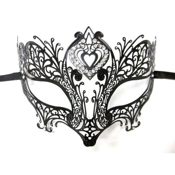 Double Heart Black Laser Cut Venetian Masquerade Metal Filigree Mask Rhinestones