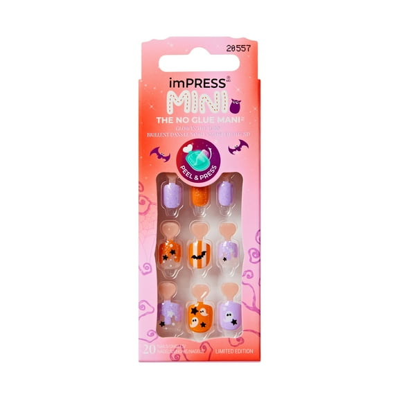 KISS imPRESS Mini Halloween Press On Nails for Kids, ‘Oh my Gourd’, 20 Fake Nails