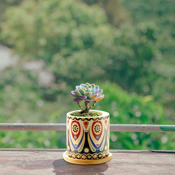 Ceramic Flower Pot for - Flowerpots with Dish Decorative Planter for Living Room Bedroom, Elegant Pattern Indoor Pot