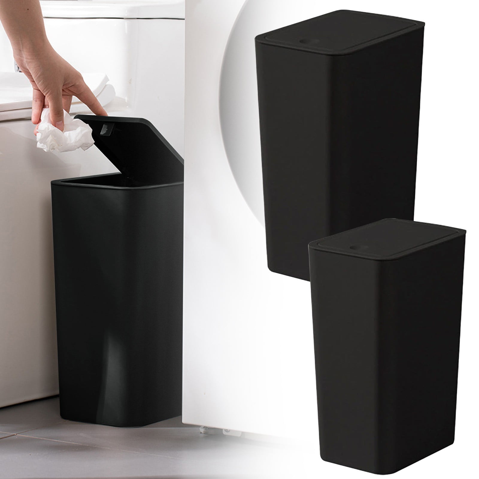 1Pc Large Black Bathroom Trash Can With Hinged Lid & Up Cover Premium Durable Plastic For Home Toilets Bedrooms Bathroom Living Room Garbage Can Trash Bins Home Office Use(Black,10x6.9x13.4")