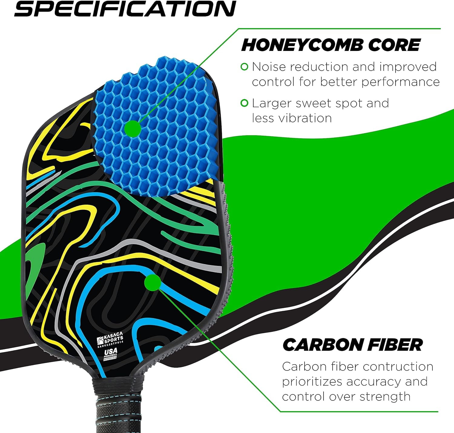 Kasaca Graphite T700 Carbon Fiber Pickleball Paddles, Grained Edge Guard, Honeycomb Core, Large Sweet Spot, Cushion Comfort Grip, USAPA Approved, Cute Paddle for Beginners Players, Women, Men