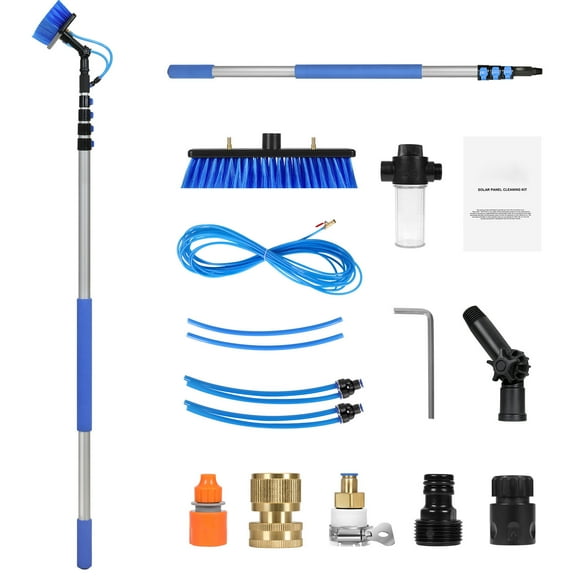 KFFKFF Water Fed Pole Kit, 24FT Solar Panel Maintenance Rod with Adjustable Grip, 180掳 Swiveling Brush Top & 65.6FT Tubing, Domestic & Exterior Window Washing Equipment