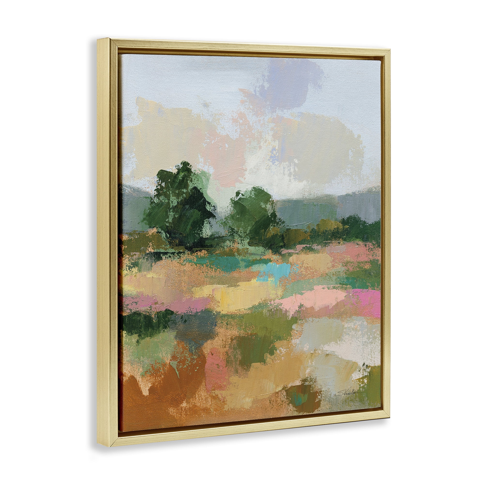 Stupell Industries Abstract Spring Landscape Landscape Painting Gold Floater Framed Art Print Wall Art, 17 x 21