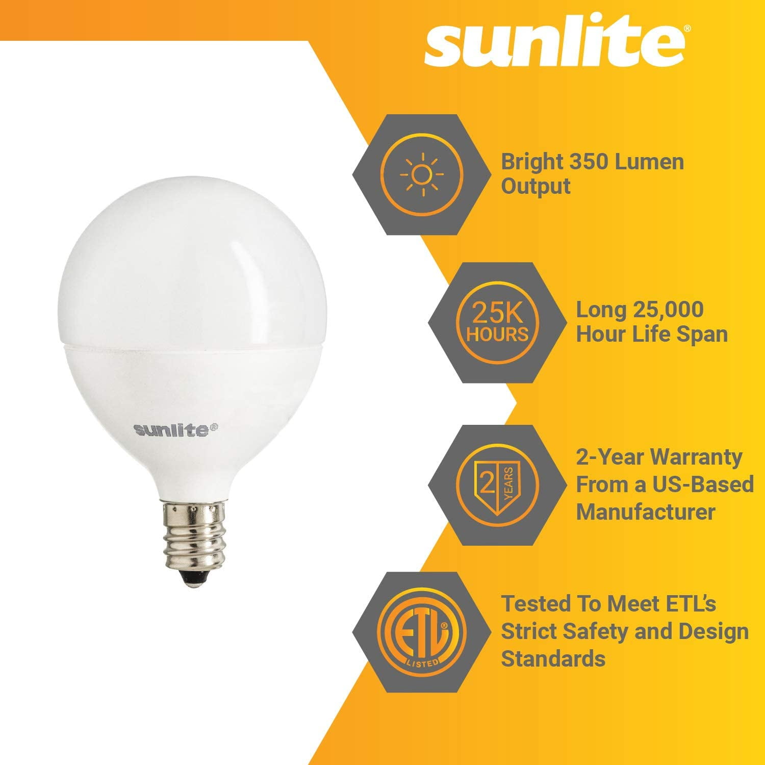 Pack of 6 Sunlite LED G16.5 Globe 5W (40W Equivalent) Light Bulb Candelabra (E12) Base, Warm White