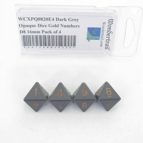 Dark Grey Opaque Dice with Gold Numbers D8 Aprox 16mm (5/8in) Pack of 4 Wondertrail