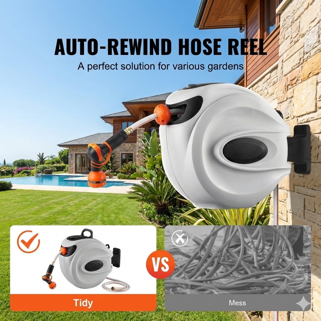 Retractable Hose Reel, 65 ft x 5/8 inch, 180° Swivel Bracket Wall-Mounted, Garden Water Hose Reel with 9-Pattern Nozzle, Automatic Rewind, Lock at Any Length, and Slow Return System