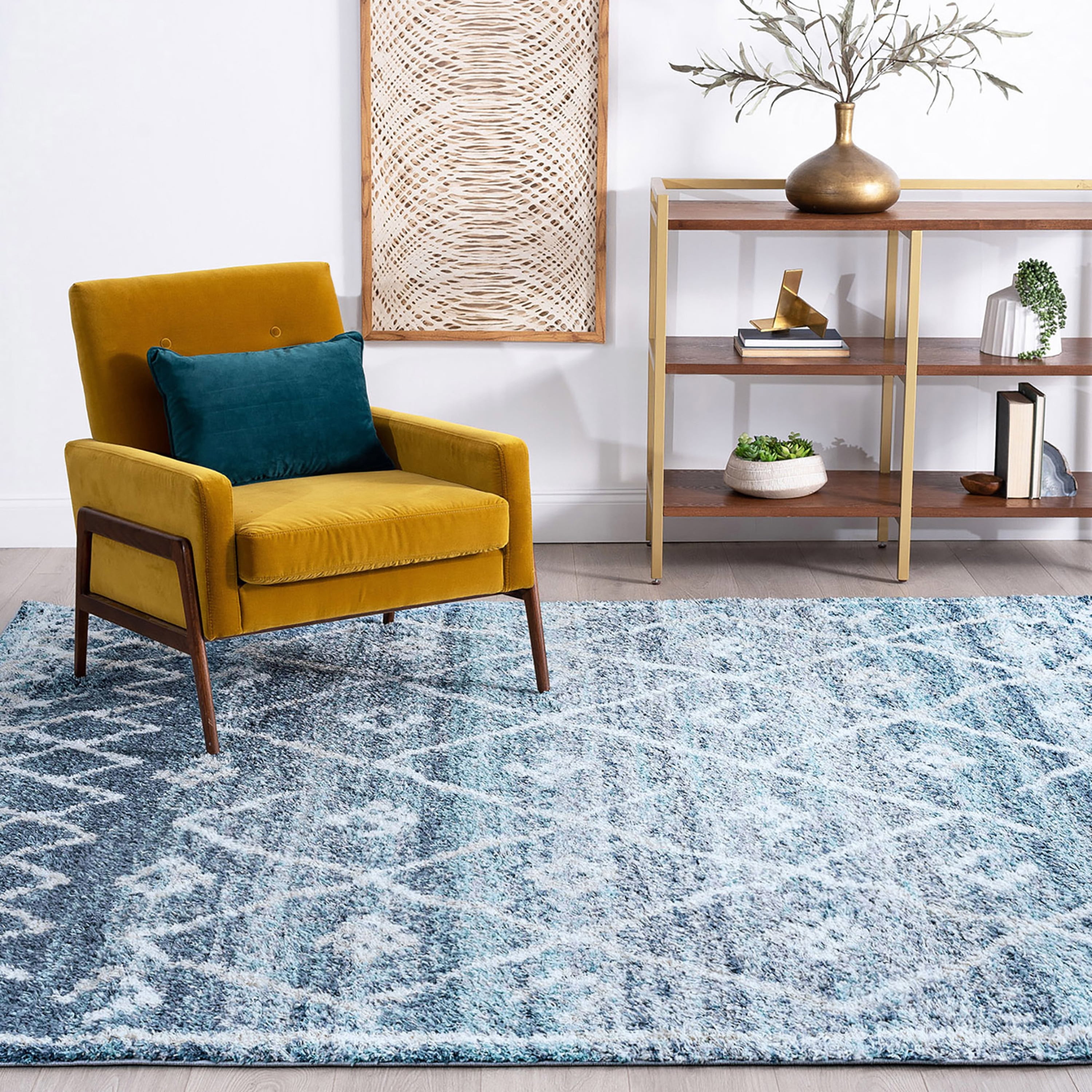 Shag 2x8 Area Rug Thick (2'2'' x 7'3'') Geometric Blue, White Indoor Runner Easy to Clean