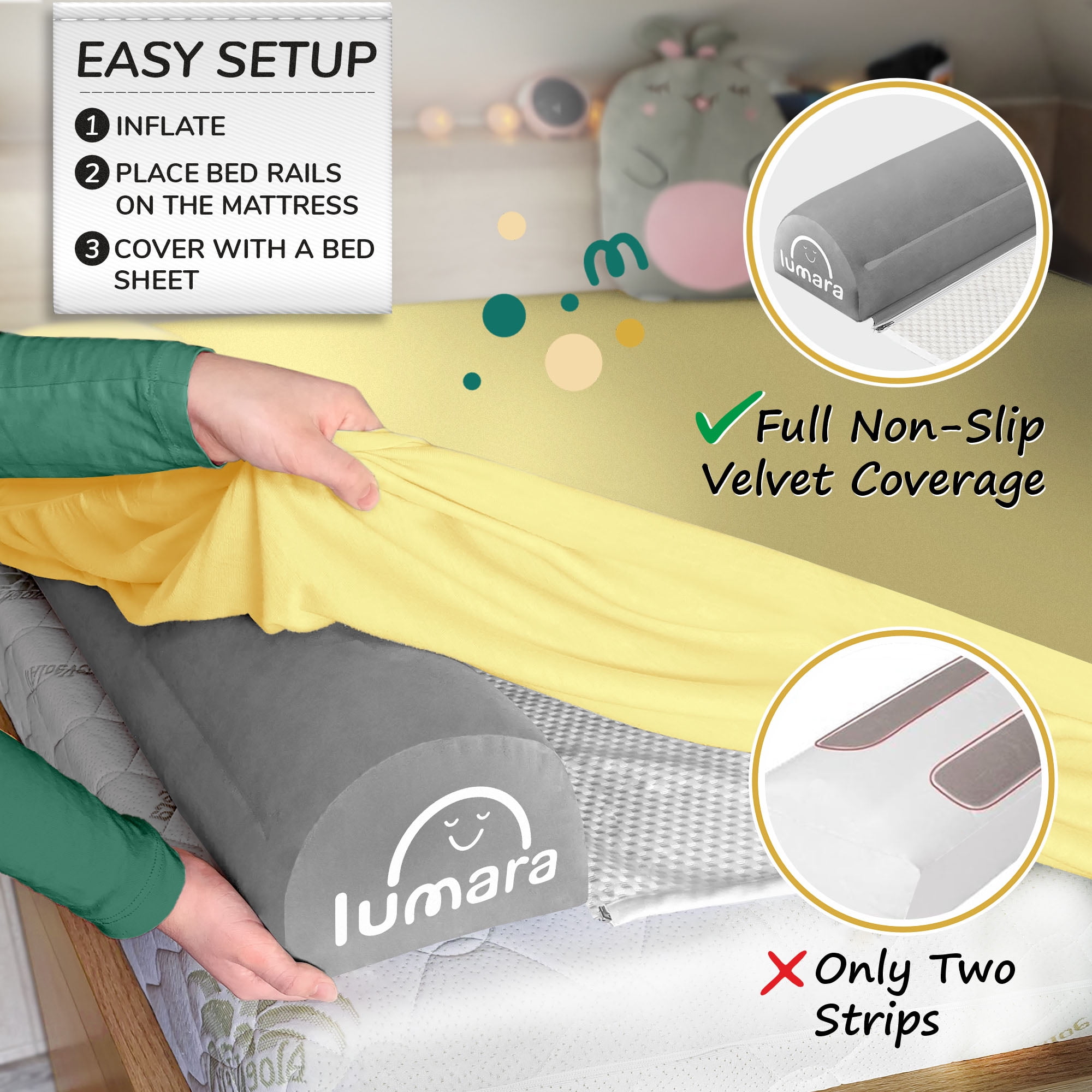 Inflatable Bed Rail for Toddlers 2 Pack - Portable Travel Bumpers for Kids Fits Twin Full Queen King Size Beds - Non-Slip Safety Guard Rails