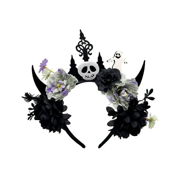 KAKOWELY Diadema de Halloween con cuernos de diablo y flor, reutilizable, para mujer, para fiestas, disfraces, carnavales y fiestas.