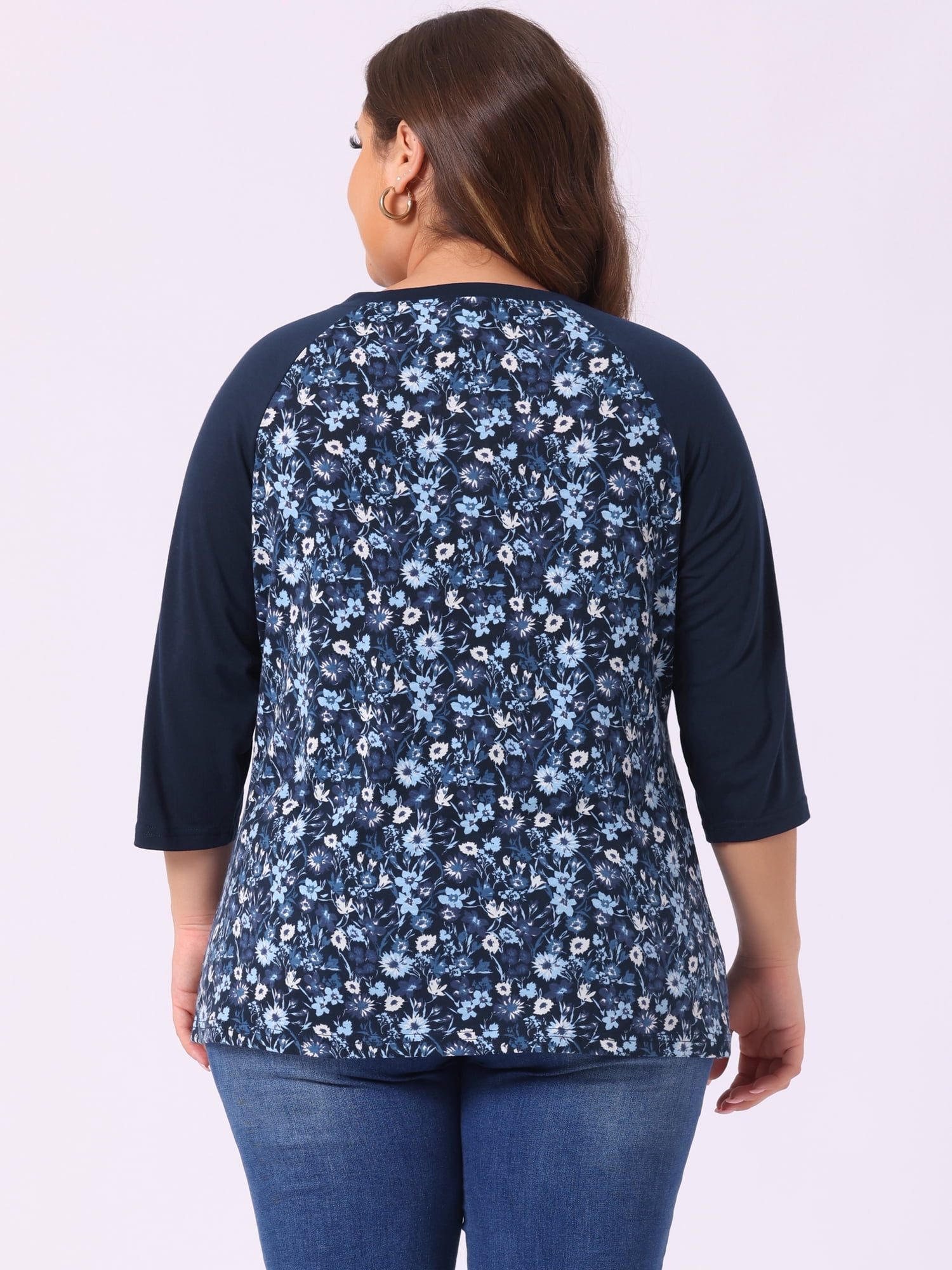 DARING DIVA Women's Plus Size Raglan Crewneck 3/4 Sleeve Floral Tunic Tee 3X Dark Blue