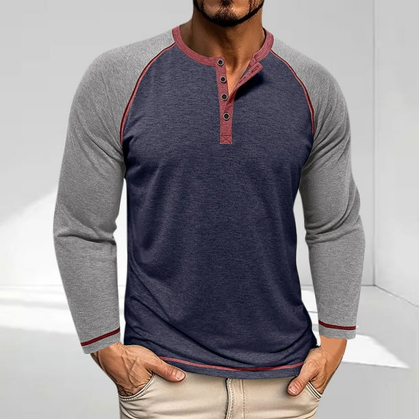 Blusas y camisas de manga larga con cuello redondo para hombre, informales, de manga larga, cuello redondo, medio botón, a cuadros, con bolsillos y bloques de color, blusas de poliéster para hombre
