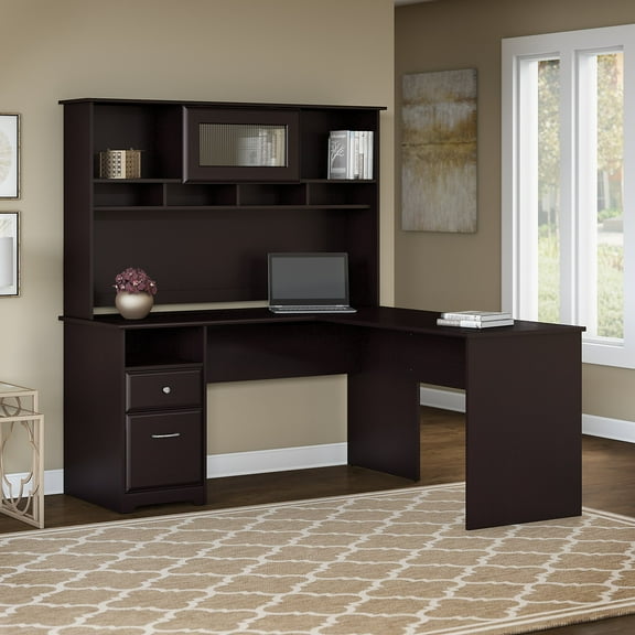 Cabot Modern 60W L Desk with Hutch, includes File Drawer and Storage Shelves in Espresso Oak