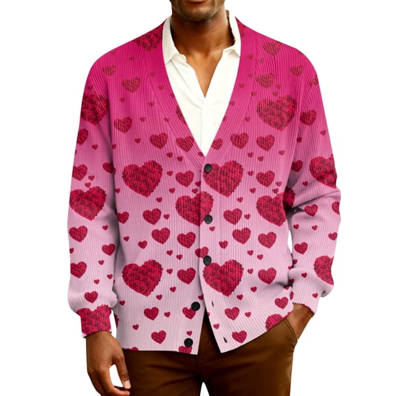 Fgvctg Valentine's Day Mens Cardigan Sweaters Casual Long Sleeve Sweaters Ribbed Knit Romantic Oversized Coat Love Heart Graphic Sweater Button Down Pretty Sweaters Sweet Spring Clothes Hot Pink XL