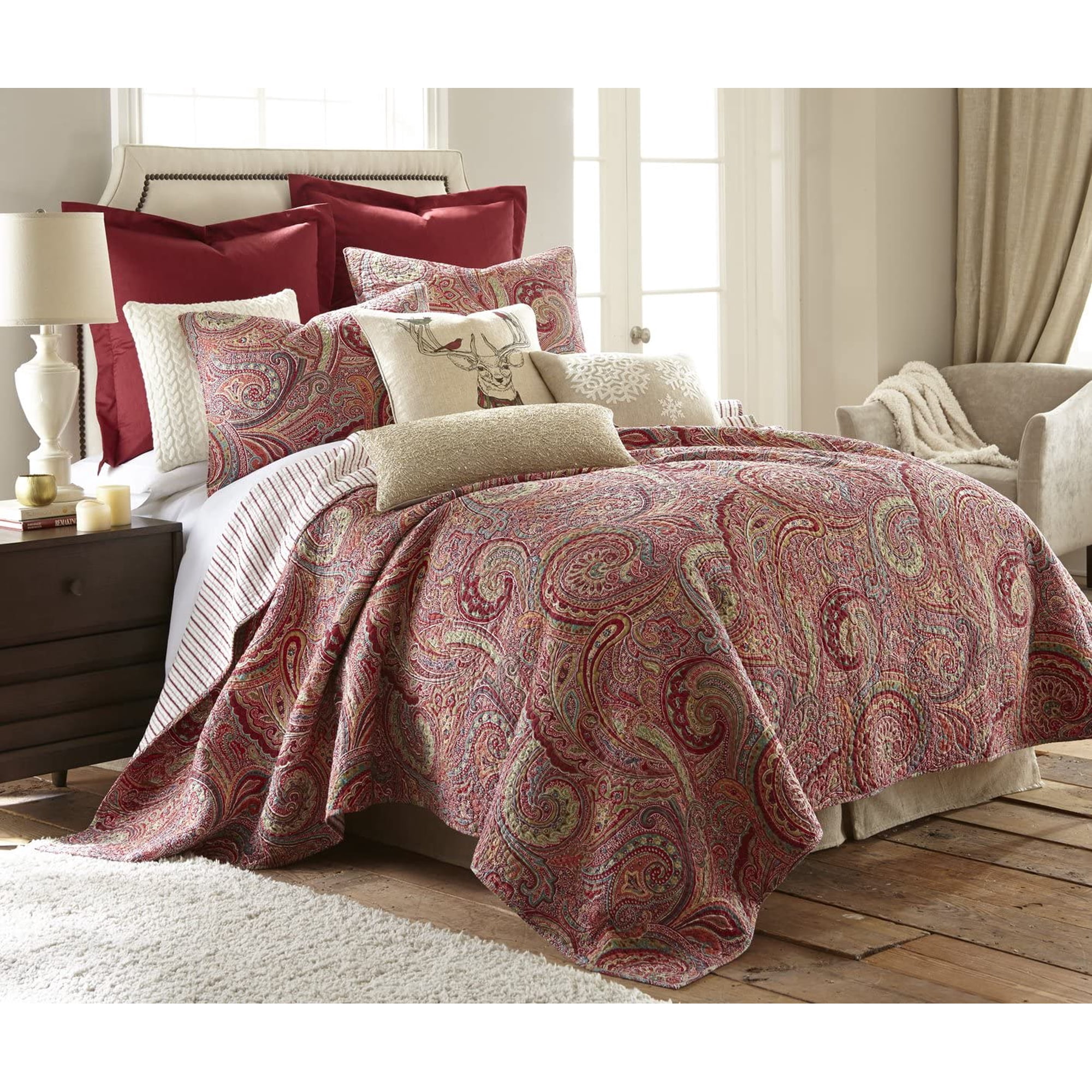 Levtex Home Spruce Red Quilt Set - King Quilt + Two King Pillow Shams - Paisley Pattern in Burgundy, Red, Tan, Grey - Quilt Size (106 x 92") and Pillow Sham Size (36 x 20")- Reversible Pattern -Cotton