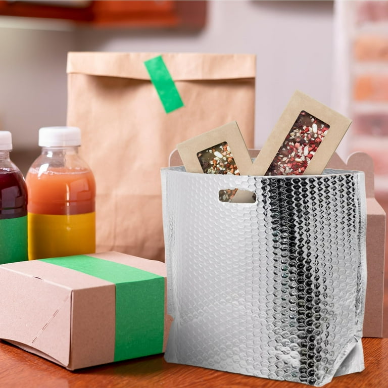Insulated Foil Bag with Handles 8 x 8 x 8 Inches. 50 Pack Thermal Bags for Frozen Food. Metallized Foil Insulated Box Liners with Bubble Cushion.